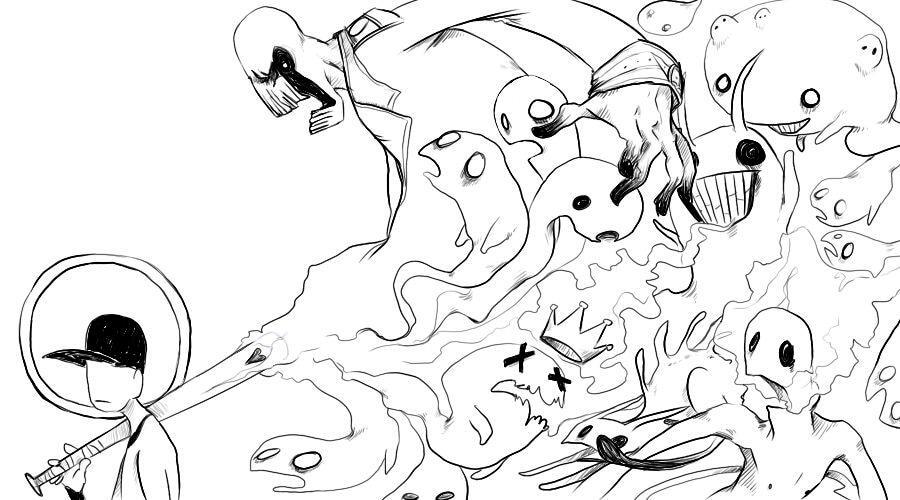 The Batter from the game OFF standing in a monochrome landscape.