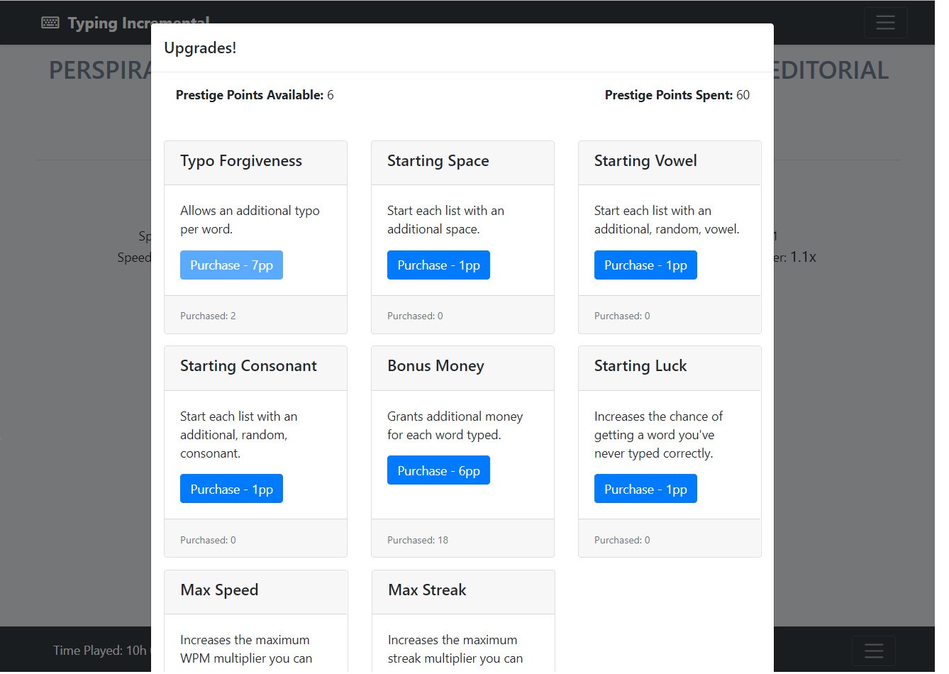 Keyword typing. Typing incremental. Type c game app. Incremental release. Incremental with Prestige in web.