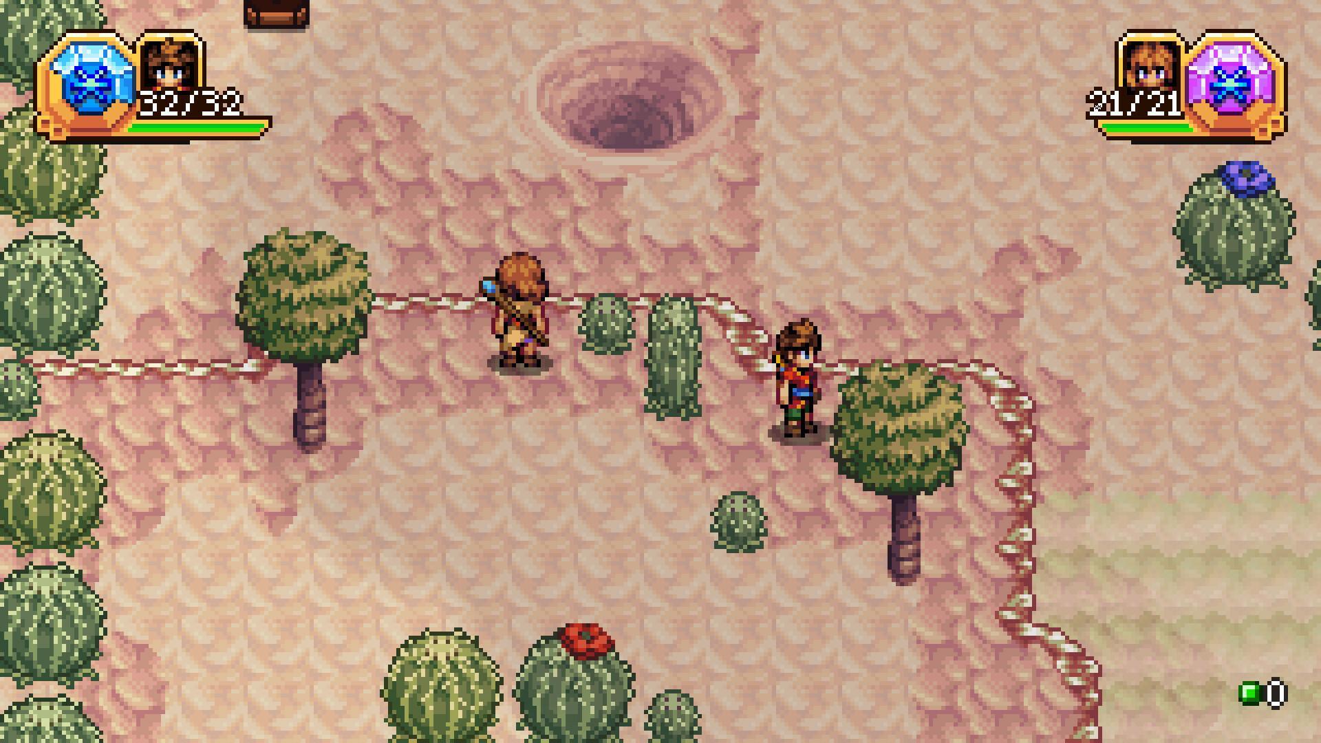 Shrine's Legacy gameplay featuring two characters in a colorful 16-bit world.
